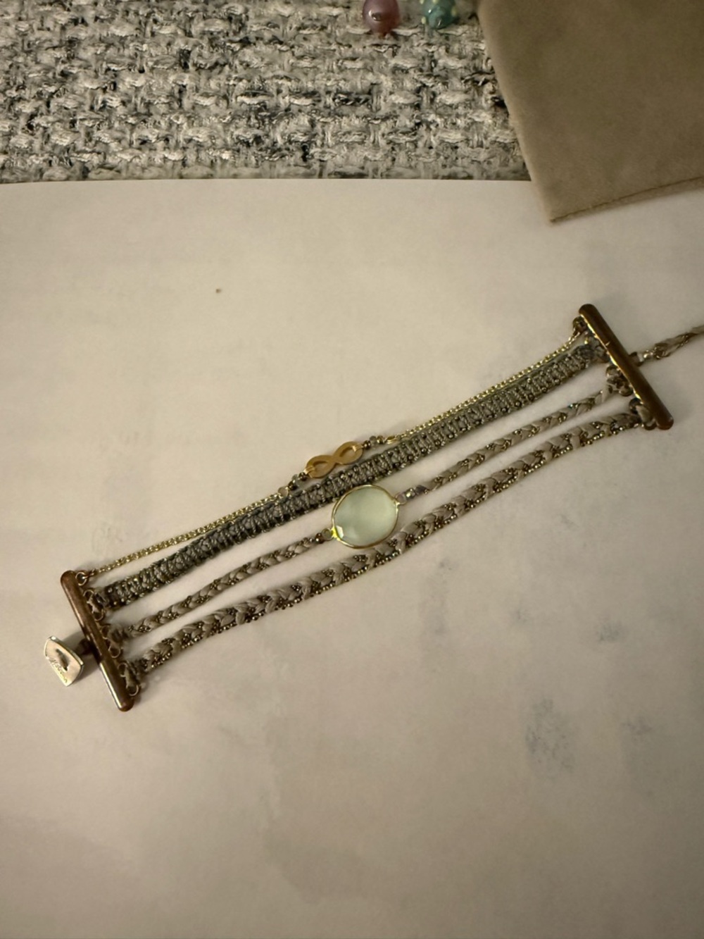 Multi-Row Gold and Silver Tone Bracelet with Pale Green Stone